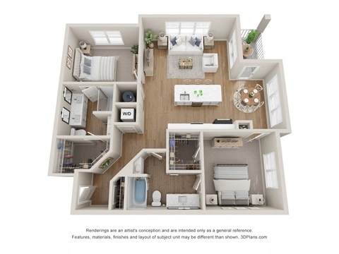 a 3d floor plan of a 1 bedroom apartment